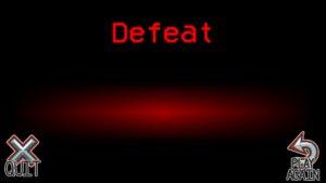 Het 'Defeat' scherm van Among Us, met de optie om te stoppen of om nog een potje te spelen.