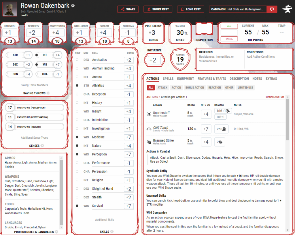 Een screenshot van een charactersheet op DnD Beyond.