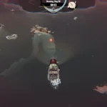 Een screenshot uit Dredge. Een diepzeemonster ziet het kleine vissersbootje en is klaar om het aan te vallen.