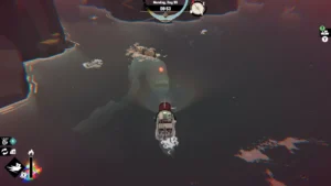 Een screenshot uit Dredge. Een diepzeemonster ziet het kleine vissersbootje en is klaar om het aan te vallen.