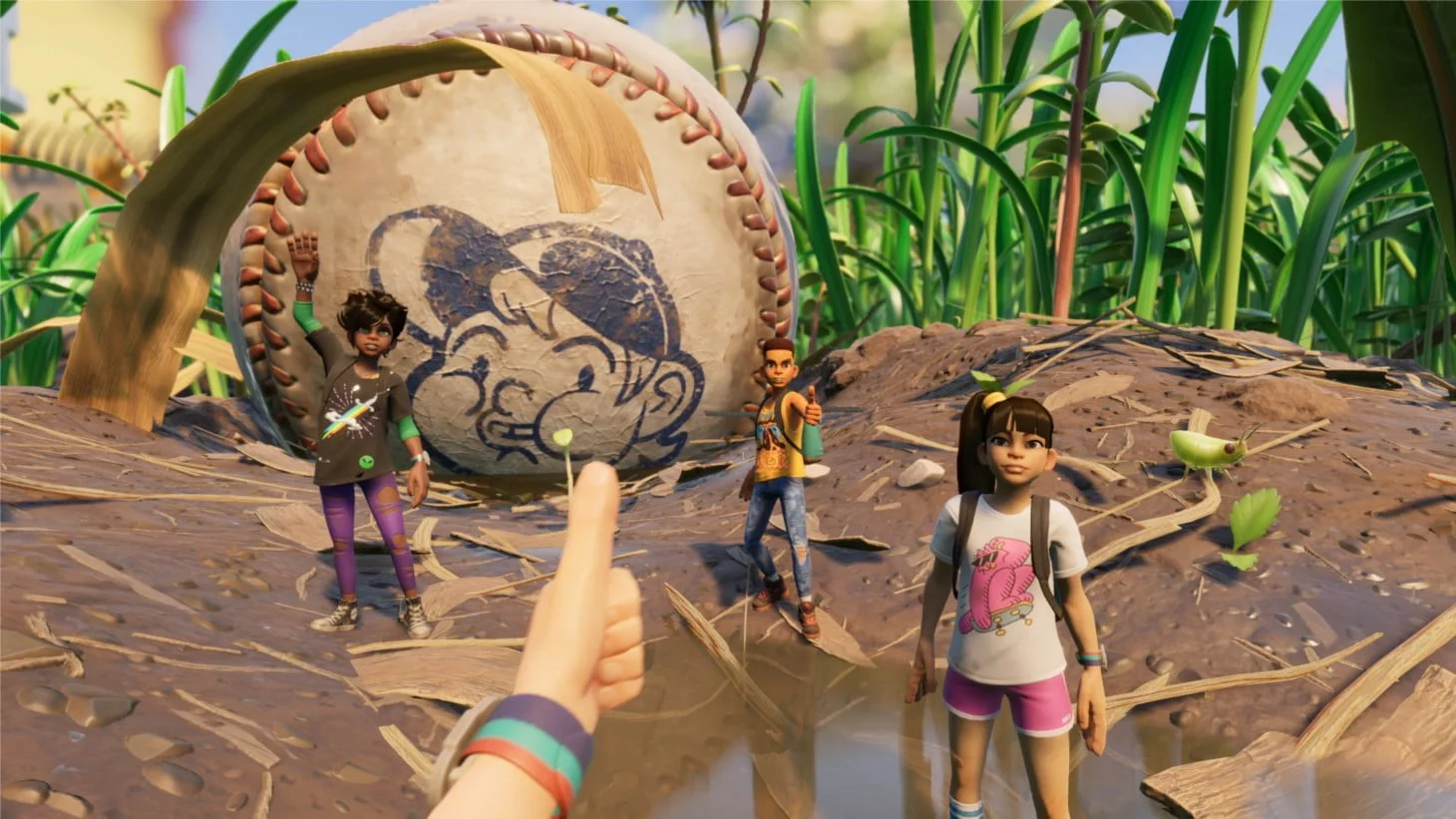 Een screenshot van Grounded, met vier spelers naast een gigantische basebal.
