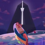 De banner van Before Your Eyes zonder de titel. Een speelgoedbootje dobbert op een ruige rivier met in de verte een gigantische metronoom. Een katachtige visser wuift je toe vanuit zijn eigen bootje.