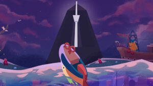 De banner van Before Your Eyes zonder de titel. Een speelgoedbootje dobbert op een ruige rivier met in de verte een gigantische metronoom. Een katachtige visser wuift je toe vanuit zijn eigen bootje.