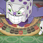 De Schurk King Dice uit Cuphead, met een brede, gemene grijns op zijn gezicht.
