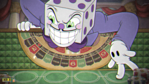 De Schurk King Dice uit Cuphead, met een brede, gemene grijns op zijn gezicht.