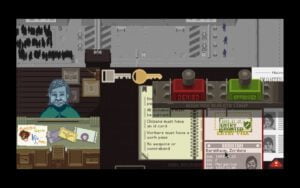 Een screenshot van Papers, Please. Zordana Baratheon is net toegelaten in het land.