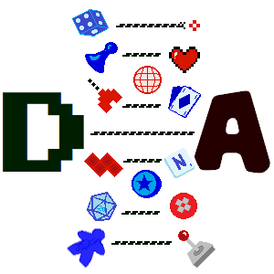 De logo van Digitaal en Analoog (D en A). Een DNA helix met iconen van bordspellen en videogames aan de linkerkant, met de naam van de site rechts. 'Digitaal' heeft een gepixeleerd font terwijl die van 'analoog' vloeiend is.