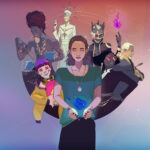 De boxart voor Harmony: The Fall of Reverie. Polly/Harmony staat vooraan met achter haar de zes Aspirations: Truth, Bond, Chaos, Glory, Power en Bliss.