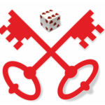 Het wapen van Leiden en een dobbelsteen. Het wapen bestaat uit twee rode, gekruiste sleutels. De dobbelsteen is wit met rode hartjes als pipjes op de gezichten.