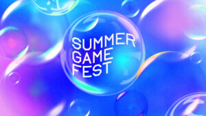 De logo van Summer Game Fest 2023. Een bubbel met de naam van het event erin tegen een kleurrijke achtergrond met meer bubbels.