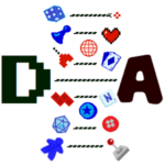 Het logo van Digitaal en Analoog. De D en A zijn prominent aanwezig, terwijl videogame- en bordspeliconen een DNA-helix vormen.