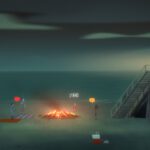 Een screenshot uit Oxenfree. De tieners zitten met zijn allen rondom het kampvuur op het eiland en spelen Truth or Slap.