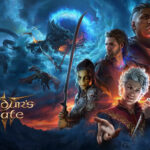 De cover art van Baldur's Gate 3. Mindflayers vliegen met het schip over de titulaire stad met rechts een aantal belangrijke personages uit de game.