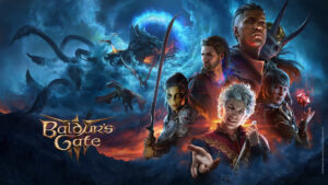 De cover art van Baldur's Gate 3. Mindflayers vliegen met het schip over de titulaire stad met rechts een aantal belangrijke personages uit de game.