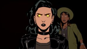 Een screenshot uit Stray Gods. Grace' ogen gloeien op omdat ze haar muzekrachten gebruikt terwijl Frankie op de achtergrond verrast kijkt.