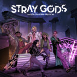 De cover art van Stray Gods. Grace grijpt de microfoon terwijl Pan, Apollo, Persephone en Freddie genieten in de achtergrond.
