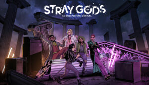 De cover art van Stray Gods. Grace grijpt de microfoon terwijl Pan, Apollo, Persephone en Freddie genieten in de achtergrond.
