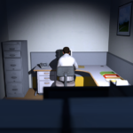 Een screenshot uit The Stanley Parable. Stanley zit achter zijn bureau en drukt op knoppen als die op zijn scherm verschijnen. Deze game heeft helemaal geen geweld.