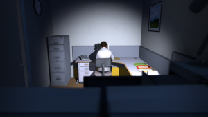 Een screenshot uit The Stanley Parable. Stanley zit achter zijn bureau en drukt op knoppen als die op zijn scherm verschijnen. Deze game heeft helemaal geen geweld.