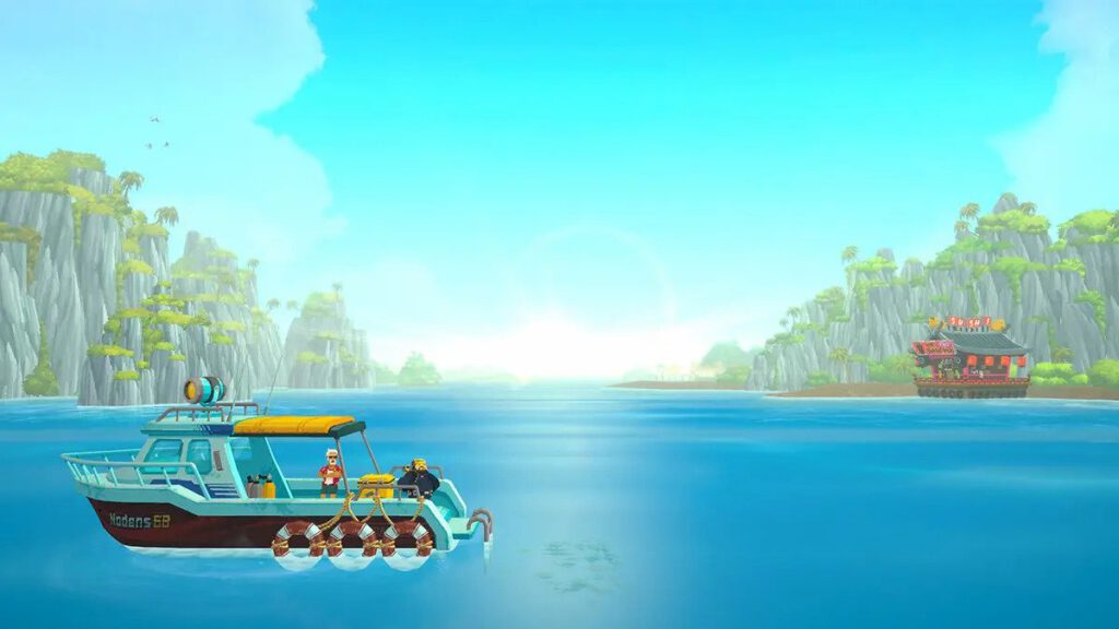 Een screenshot van Dave the Diver. Dave staat klaar om het water in te duiken op het bootje van Cobra.