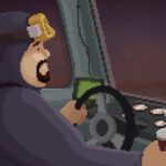 Art voor de Dredge crossover DLC van Dave the Diver. Dave zit aan het stuur van zijn boot op een vergelijkbare manier als de visser van Dredge.