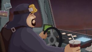 Art voor de Dredge crossover DLC van Dave the Diver. Dave zit aan het stuur van zijn boot op een vergelijkbare manier als de visser van Dredge.