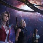 Een screenshot uit Final Fantasy Vii Rebirth. Aerith, Cloud en Tifa bewonderen een sterrenhemel.
