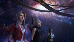 Een screenshot uit Final Fantasy Vii Rebirth. Aerith, Cloud en Tifa bewonderen een sterrenhemel.