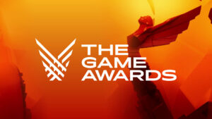 Het logo van de Game Awards met op de achtergrond de trofee