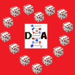 Het logo van Digitaal & Analoog omringd dor dobbelstenen in de vorm van een hart.