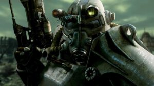 Een close-up van normale power armor in Fallout 3.