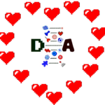 Het logo van Digitaal & Analoog omringd dor g-bit hartjes in de vorm van een hart.