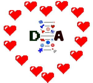 Het logo van Digitaal & Analoog omringd dor g-bit hartjes in de vorm van een hart.