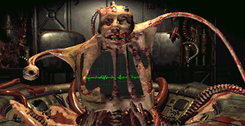 Een screenshot van The Master uit Fallout 1. Door straling is deze wetenschapper gemuteerd en gefuseerd met een computer en het gebouw waarin het gehuisd is.