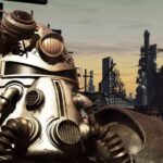 De cover art voor Fallout 1. We zien de helm van een set Power Armor tegen een bossige achtergrond.