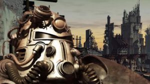 De cover art voor Fallout 1. We zien de helm van een set Power Armor tegen een bossige achtergrond.