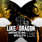 De banner van Like a Dragon: Infinite Wealth, met Kiryu en Ichiban centraal en alle speelbare personages op de achtergrond