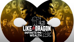 De banner van Like a Dragon: Infinite Wealth, met Kiryu en Ichiban centraal en alle speelbare personages op de achtergrond