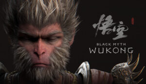 De banner voor Black Myth: Wukong. Een closeup van Wukongs gezicht gegen een zwarte achtergrond.