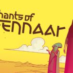 De cover art voor Chants of Sennaar. Het hoofdpersonage staat in een woestijn naast twee mysterieuze figuren.