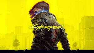 De box art voor Cyberpunk 2077, met een vrouwelijke V achter de gele logo