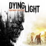 De header van Dying Light. Zwarte handafdrukken vormen samen een silhouette van een hoofd, terwijl er rechts zombies lopen.