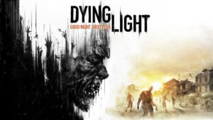 De header van Dying Light. Zwarte handafdrukken vormen samen een silhouette van een hoofd, terwijl er rechts zombies lopen.