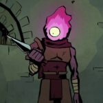 Een screenshot uit Dead Cells cutscene, waarin het hoofdpersonage een kunai vindt