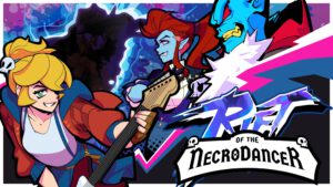 De header en cover art voor Rift of the Nerrodancer. Cadence staat met gitaar op de voorgrond, met de titel rechts en een nog onbekend personage achterin.