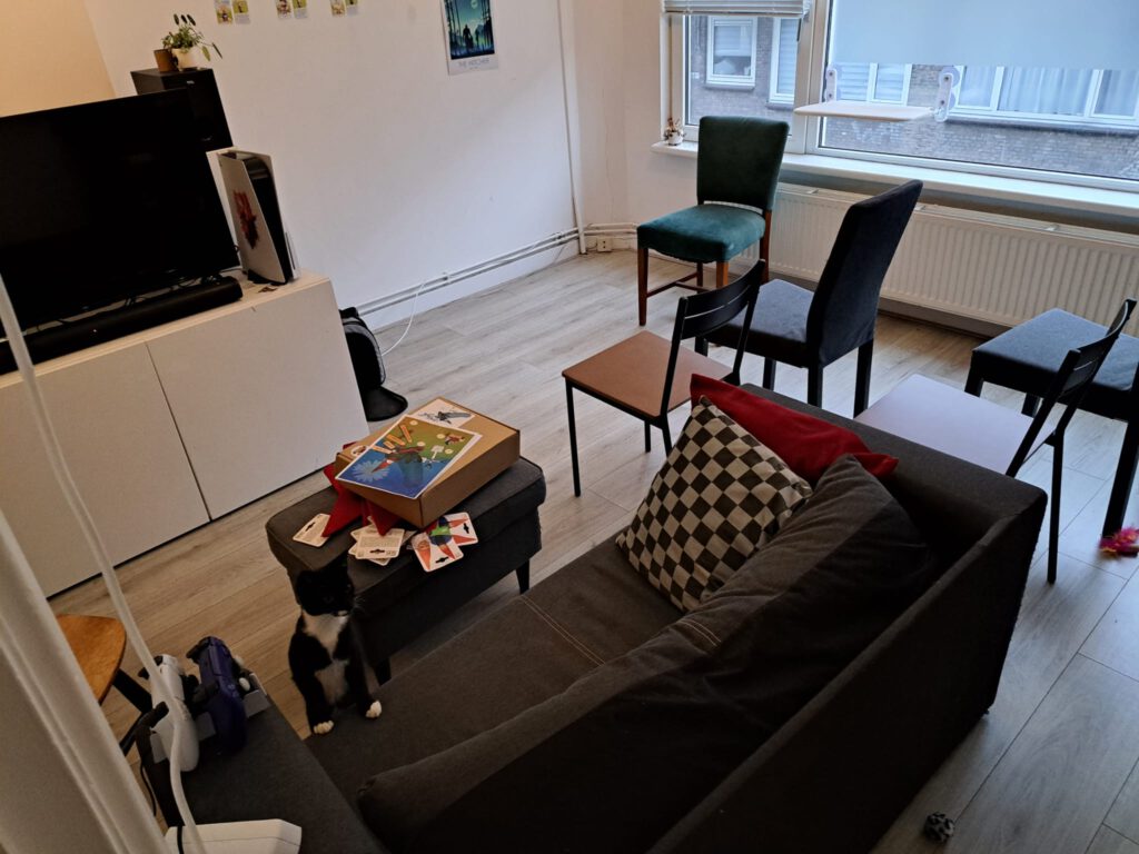 Na een hoop gesleep en demonteerwerk was mijn woonkamer eindelijk klaar voor de Volkstuinmoord. Siena zegt ook hallo!
