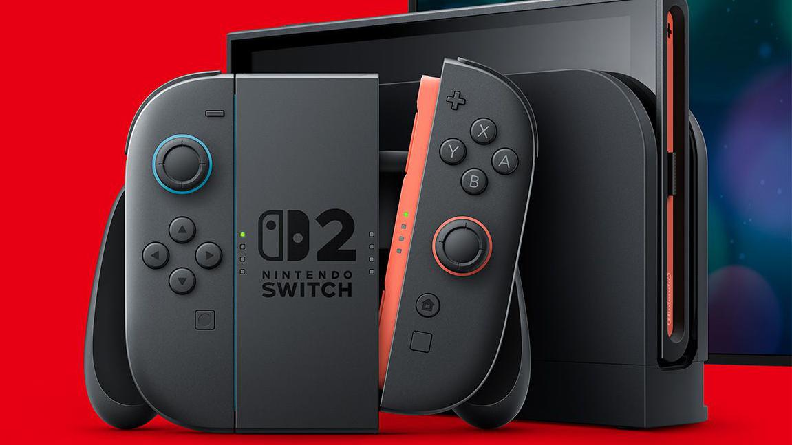 De Switch 2 in dock, met daarvoor de Joy-Cons in een houder