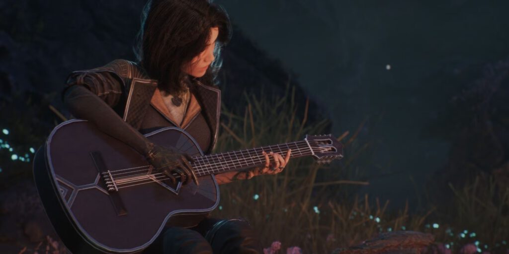 Lune speelt gitaar in het kamp. Een screenshot uit Clair Obscur: Expedition 33.