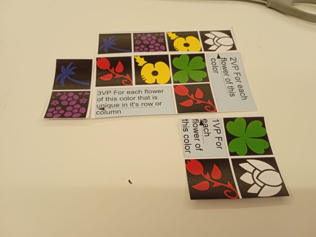 Mathijs' Print-and-Play, met de tijdelijke naam Flower Cut. Het is een puntensalade waarin jij meot puzzelen om de meeste punten te scoren.
