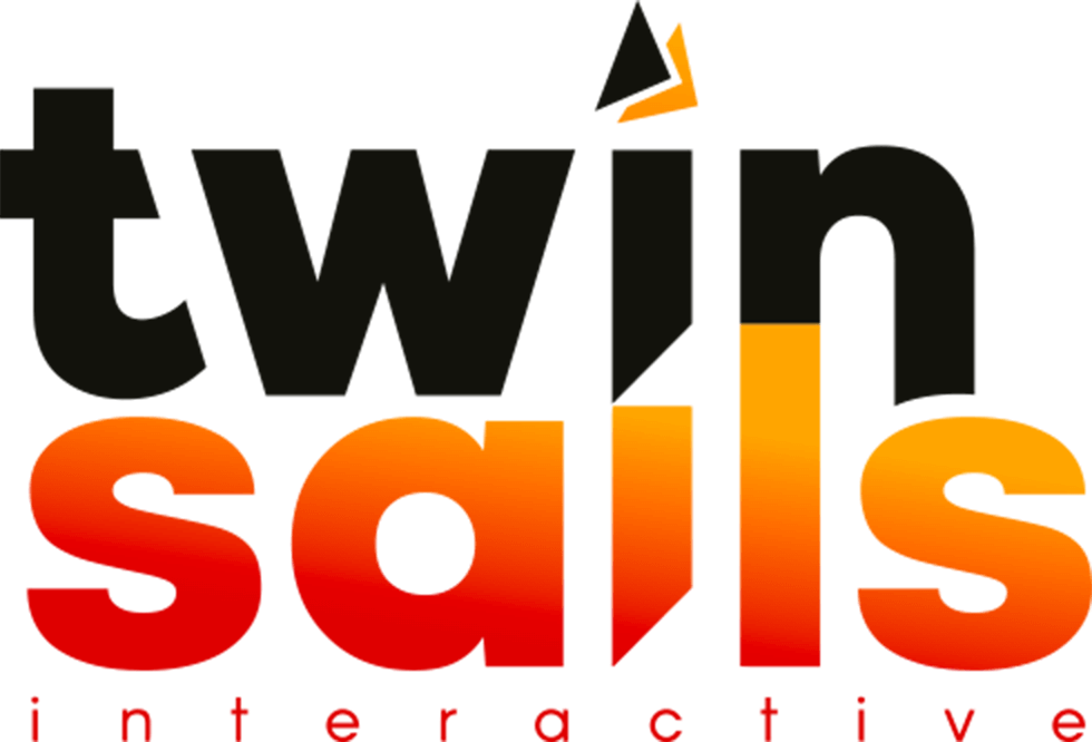 Het logo van gamebedrijf Twin Sails Interactive. In oranje en zwart staat de naam van het bedrijf weergegeven.